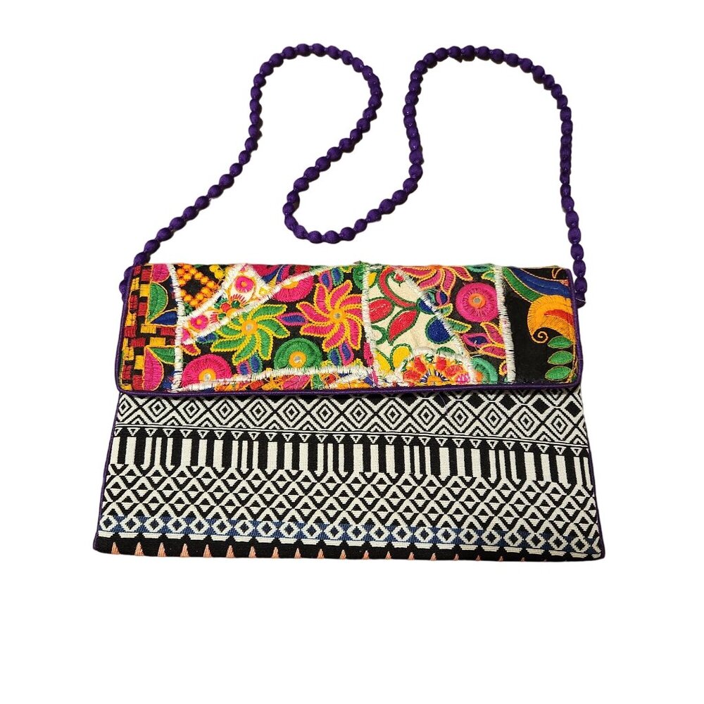 Colorful Sacred Threads Boho Clutch Purse With Beaded Strap & Embroidered Patter